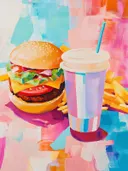 Schilderij van een hamburger met kaas, sla en tomaat naast een drankbeker met rietje en friet.