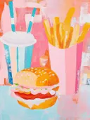 Schilderij van een hamburger, friet en een milkshake met rietjes.