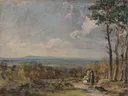 Hampstead Heath Looking Towards Harrow van John Constable: landschap met heide, bomen, wandelaars en wolken, in gedempt beige en grijsblauw