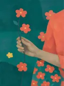 Schilderij van hand met bloemen in petrol en koraal, in vlakke kleurvlakken