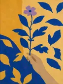 Schilderij van hand met bloesemtak in kobalt en oker, in vlakke kleurvlakken