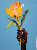 Schilderij van een hand die een gele tulp vasthoudt tegen een blauwe achtergrond.