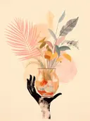 Surrealistische illustratie van een hand die een vaas met tropisch blad en visjes vasthoudt.