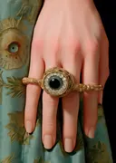 Hand met antieke oogring schilderij, detail-stilleven
