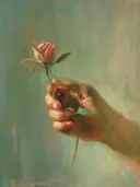 Hand met roze roos, stilleven schilderij