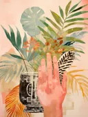 Illustratie van een hand voor een zwart-witte kruik tussen tropische planten.