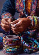 Handen met ringen die kralen rijgen tussen kleurrijke sieraden