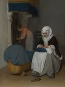 Handwerkende vrouw bij een wieg van Gerard ter Borch: interieur met vrouw, naaien, wieg en kamer, in gedempt blauw en wit
