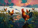 Hanen in de sneeuw in turkoois en roze, dieren schilderij