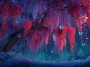 Schilderij van hangende roze bloesems met gloeiende blauwe vlinders