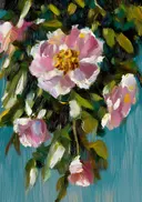 Schilderij van hangende roze pioenrozen