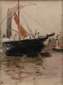 Harbor Scene, Isle of Wight, 1875 82 van Berthe Morisot: zee met haven, boot, masten en water, in gedempt beige en zwart