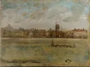 Harmony in Brown and Gold Old Chelsea Church, Probably 1884, F1902.152a b van James McNeill Whistler: stad met kerk, huizen, rivier en oever, in warm bruin en goud