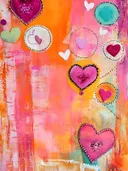 Collage van verschillende roze, paarse en witte hartjes op een geschilderde oranje en roze achtergrond.