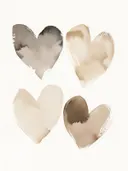 Schilderij met vier aquarel hartjes in grijs en zandtinten