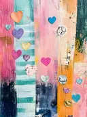 Abstract kunstwerk met veelkleurige stoffen hartjes op een gestreepte roze, blauwe en oranje achtergrond