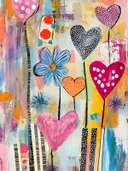 Schilderij met gestileerde hartjes op stelen in roze, zwart en oranje met een blauwe bloem tussen kleurrijke achtergrond