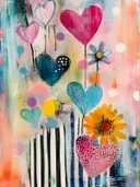 Schilderij met geschilderde hartjes in roze, blauw en zwart, een blauwe bloem en een oranje zonnebloem op zwart-wit gestreepte achtergrond
