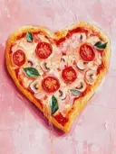 Schilderij van een hartvormige pizza met tomaten, champignons en basilicum.