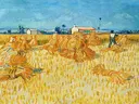 Harvest in Provence van Vincent van Gogh: landschap met oogst, korenschoven, velden en boeren, in goudgeel met blauw