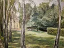 Haus in einem Garten Nationalgalerie Prag anagoria van Max Liebermann: landschap met huis, tuin, berken en gras, in groen en wit