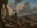 Haven aan de Middellandse zee van Johannes Lingelbach: zee met haven, schepen, ruine en kooplieden, in gedempt blauwgrijs met oker