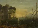 Haven bij zonsondergang, Navolger van Claude Lorrain: zee met avondlicht en schepen