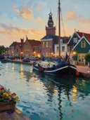 Haven met tjalk in avondlicht, schilderij