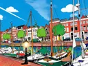 Haven met zeilschepen in vlakke acryl, schilderij