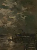 Haven te Vlissingen van Hendrik Willem Mesdag: zee met haven, stoomschip, steiger en avond, in donkerbruin en grijs