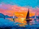 Schilderij van meerdere zeilboten in een haven tijdens een oranje zonsondergang