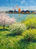 Landschapsschilderij, havenfront met kranen in bloesemtijd