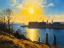 Landschapsschilderij, havenfront met kranen in late herfst