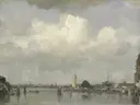 Havengezicht van Jacob Maris: stad met haven, schepen, water en wolken, in gedempt grijs