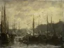 Havengezicht van Jacob Maris: stad met haven, schepen, masten en water, in donker grijsbruin