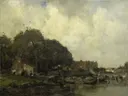 Havengezicht van Jacob Maris: landschap met water, bomen, boten en oever, in gedempt groen en grijs