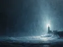 Schilderij van een havenpier met vuurtoren en verticale lichtbundel tijdens storm
