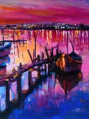 Schilderij van een haven bij zonsondergang