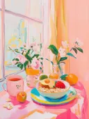 Schilderij van een kom havermout met fruit naast een kopje thee bij een raam met bloemen.