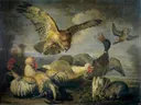 Havik valt kippen en eend aan; rechts twee konijnen van David de Coninck: dieren met vogels
