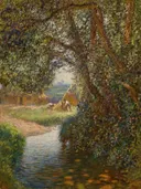 Haymakers by the stream van George Clausen: landschap met beek, bomen, hooiers en zomer, in warm groen en goud