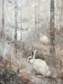 Schilderij van twee hazen in een mistig bos.