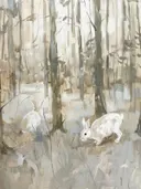 Schilderij van twee witte hazen in een besneeuwd bos