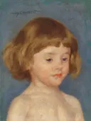 Head of Jules (1899) van Mary Cassatt: portret met kind, blond haar, kopje en blauwe achtergrond, in blauw en warm blond