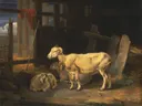 Heath Ewe and Lamb van James Ward: dieren met schaap, lammeren, stal en boerderij, in warm bruin
