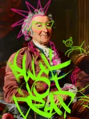 Graffiti-kunstwerk 'Heer in Roze Mantel Graffiti Editie', klassiek portret met street-art overspoten