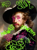 Graffiti-kunstwerk 'Heer met Hoed en Veer Graffiti Editie', klassiek portret met street-art overspoten