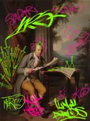 Graffiti-kunstwerk 'Heer met Krant Graffiti Editie', klassiek portret met street-art overspoten