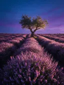 Landschapsfoto van heide bij de schemering, met een oude olijfboom
