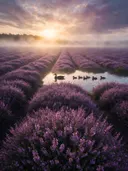 Landschapsfoto van heide bij de zonsopkomst, met een eend met haar kuikens